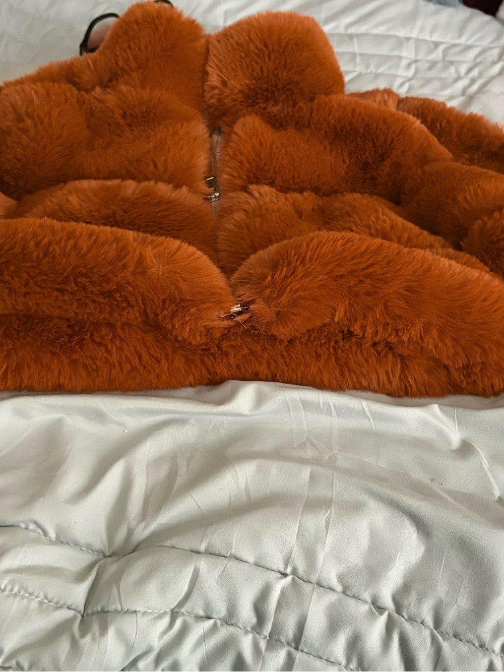 Cropped Plush Faux-Fur Bomber Jacket in Burnt Orange